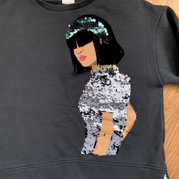 Zara Sequined Girl Graphic Peplum Crewneck Cotton Sweatshirt Size 13-14 - Picture 2 of 12
